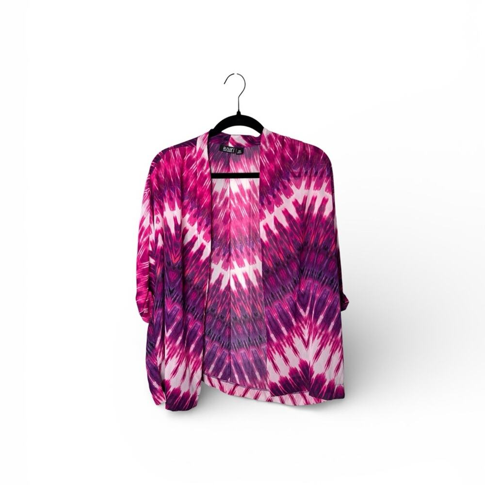 a.n.a Pink Purple Print Open Front Blouse Petite Medium